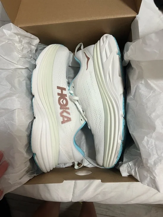 Hoka White Running Shoes with Light Blue and Rose Gold Accents - Picture 7 of 9
